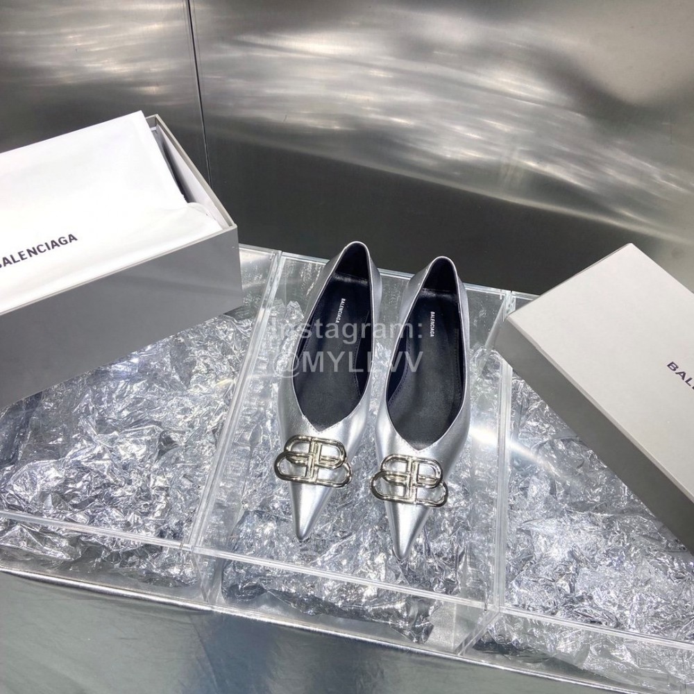 Balenciaga Fashion Flat Heel Calfskin Pointed Ballet Shoes Silver