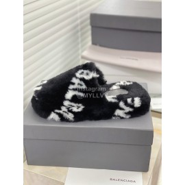 Balenciaga Winter Letter Print Logo Soft Plush Slippers Black