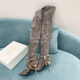 Balmain Autumn Winter New Velvet Pointed Letter Chain Long Boots For Women Gray