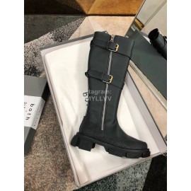 Both Cowhide Thick High Heeled Long Boots For Women Black