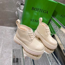 Bottega Veneta Cowhide Wool Thick Soled Lace Up Boots For Women Beige