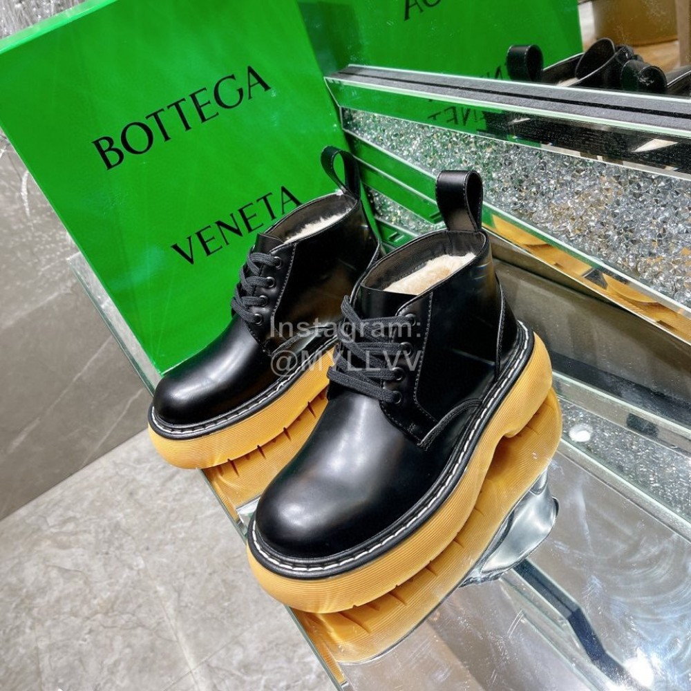 Bottega Veneta Cowhide Wool Thick Soled Lace Up Boots For Women Black