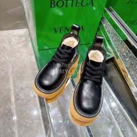 Bottega Veneta Cowhide Wool Thick Soled Lace Up Boots For Women Black