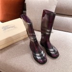 Burberry Fashion Classic Plaid Leather Retro Boots For Women Purple