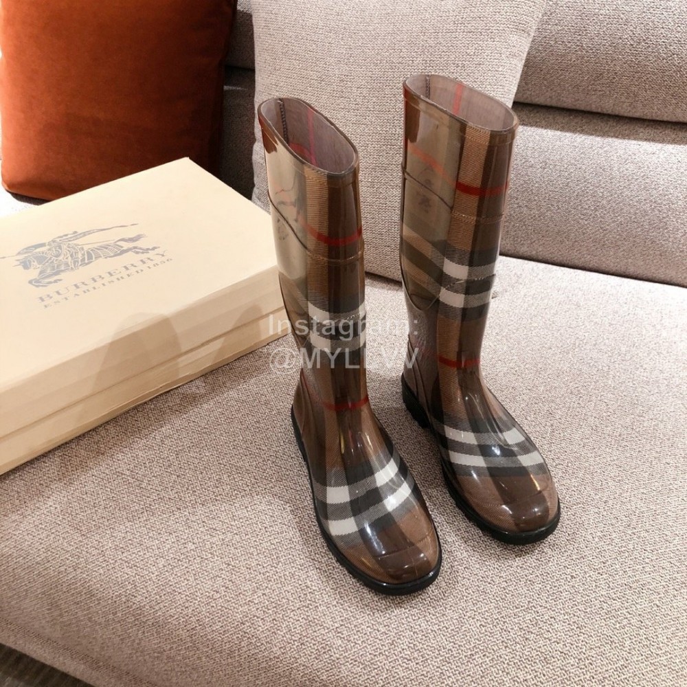 Burberry Fashion Classic Plaid Leather Retro Boots Coffee For Women
