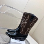 Celine Vintage Carved Cowhide Thick High Heeled Boots For Women Black