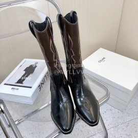 Celine Vintage Carved Cowhide Thick High Heeled Boots For Women Black