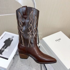 Celine Vintage Carved Cowhide Thick High Heeled Boots For Women Brown
