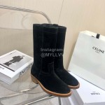 Celine Soft Velvet Cowhide Thick High Heeled Boots For Women Black