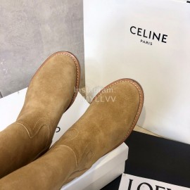 Celine Soft Velvet Cowhide Thick High Heeled Boots For Women Brown