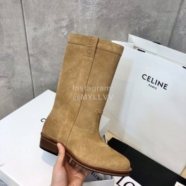 Celine Soft Velvet Cowhide Thick High Heeled Boots For Women Brown