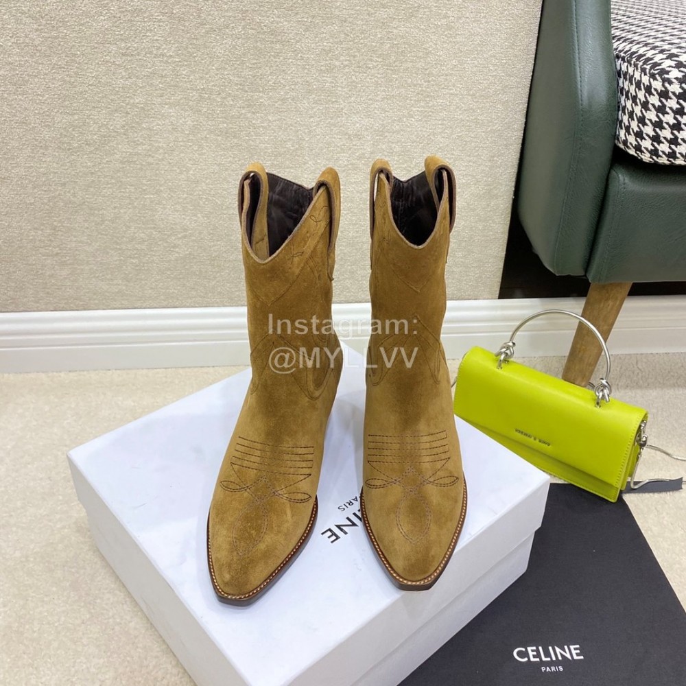 Celine Velvet Cowhide Thick High Heeled Pointed Boots For Women Brown