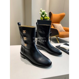 Chanel Autumn Winter Leather Button Boots Black