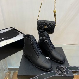 Chanel Black Calfskin Lace Up Boots