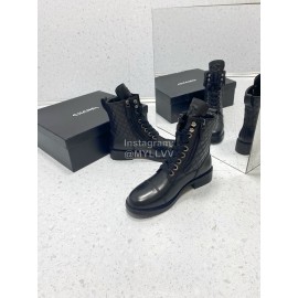 Chanel Black Cowhide Lace Up Short Boots For Women