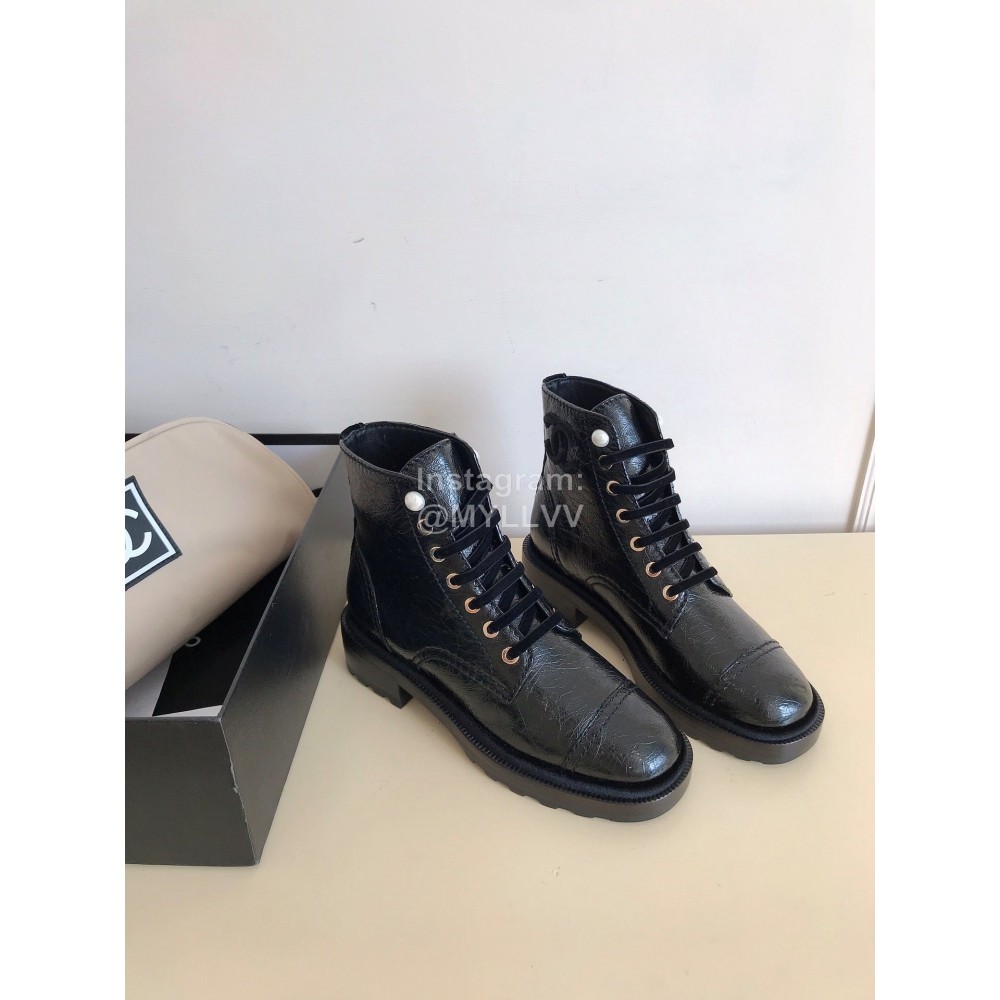 Chanel Autumn Cowhide Lace Up Pearl Motorcycle Boots For Women