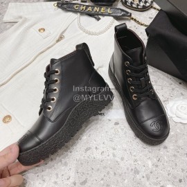 Chanel Winter Cowhide Lace Up Short Boots For Women Black