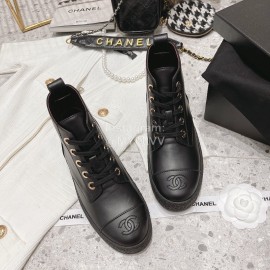 Chanel Winter Cowhide Lace Up Short Boots For Women Black