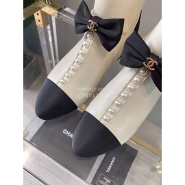 Chanel Autumn Winter New Pearl Bow Sheepskin Short Boots White