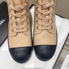 Chanel Winter Cowhide Lace Up Short Boots For Women Khaki