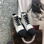 Chanel Autumn Winter Woolen Leather Lace Up Martin Boots White