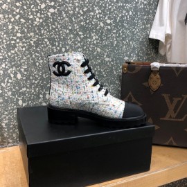 Chanel Autumn Winter Woolen Leather Lace Up Martin Boots White