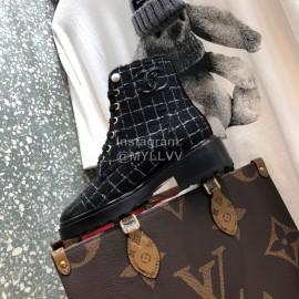 Chanel Autumn Winter Woolen Leather Lace Up Martin Boots For Women Black
