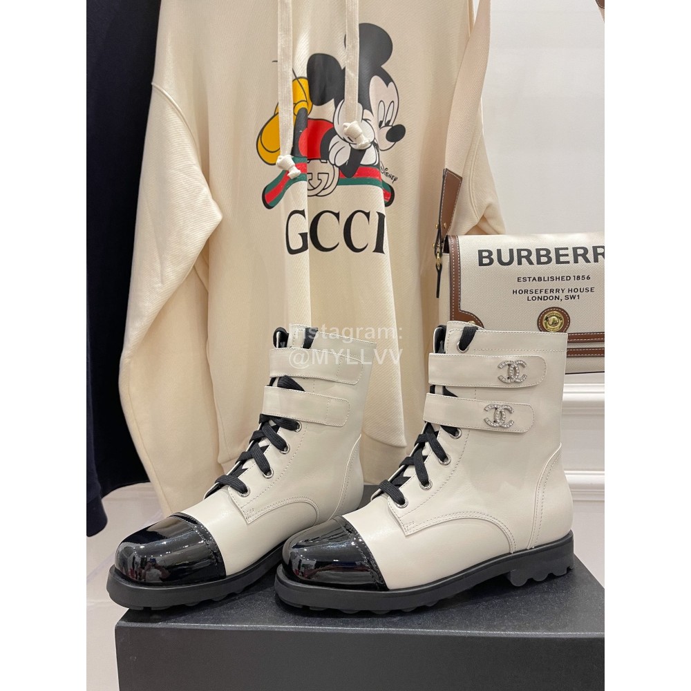 Chanel Autumn Winter Fashion Cowhide Lace Up Martin Boots White