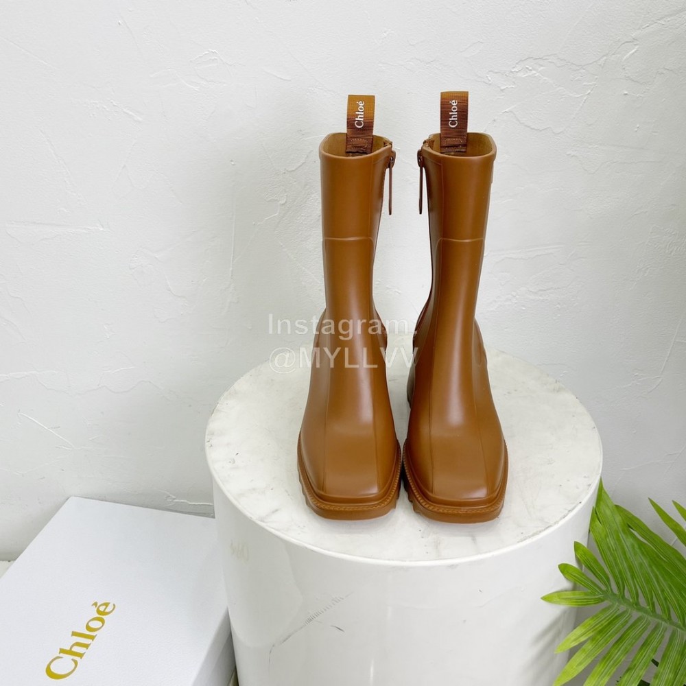 Chloe Betty Leather Thick High Heeled Boots For Women Brown