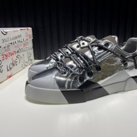 DG 3d Printed Calf Leather Casual Sneakers For Men Silver