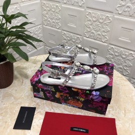 Dolce Gabbana Diamond Sheepskin Flat Heel Sandals For Women Silver