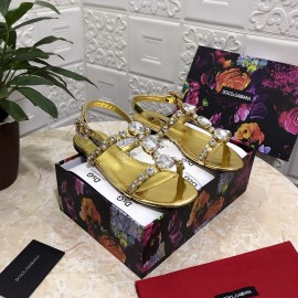 Dolce Gabbana Diamond Sheepskin Flat Heel Sandals For Women Gold
