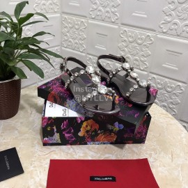 Dolce Gabbana Diamond Black Sheepskin Flat Heel Sandals For Women 