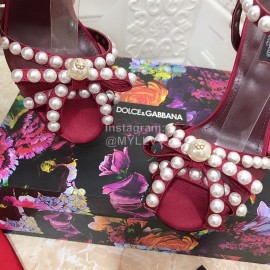 Dolce Gabbana Pearl Sheepskin High Heel Sandals For Women Wine Red