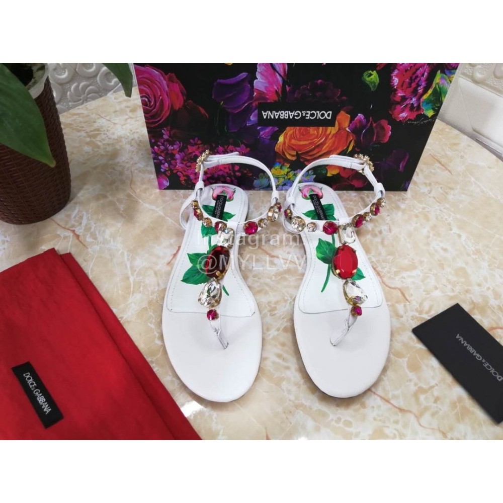 Dolce Gabbana Diamond Sheepskin Flat Heel Sandals For Women White