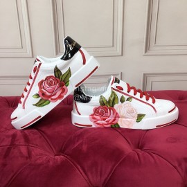 Dolce Gabbana Printed Cowhide Canvas Lace Up Shoes For Women Red