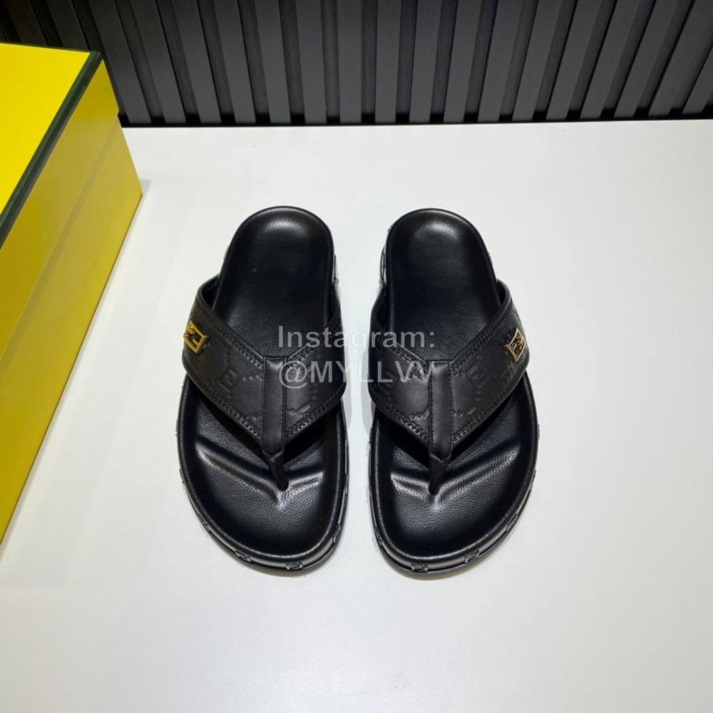 Fendi Black Embossed Leather Flip Flops For Men