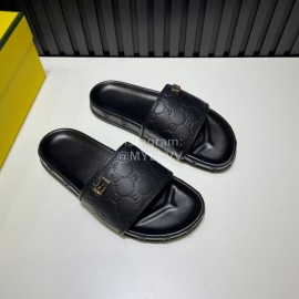 Fendi Black Embossed Leather Slippers For Men