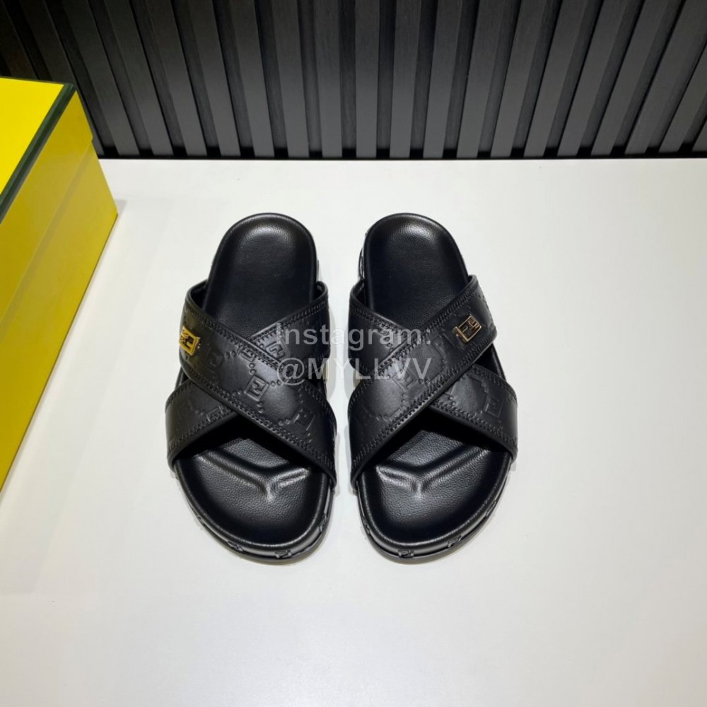 Fendi Black Embossed Leather Cross Slippers For Men