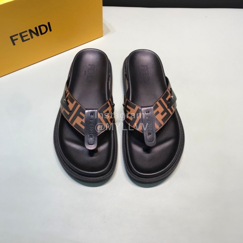 Fendi Classic Printed Calf Leather Flip Flops For Men Brown