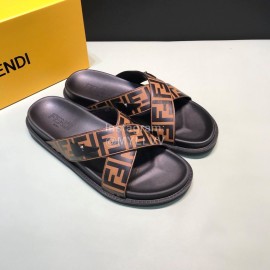 Fendi Classic Printed Calf Leather Cross Slippers For Men Brown