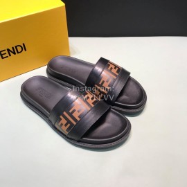 Fendi Classic Letter Printed Leather Slippers For Men Brown