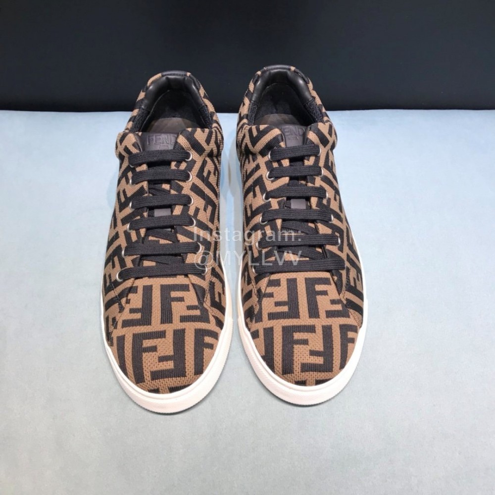 Fendi Letter Canvas Leather Lace Up Casual Sneakers For Men Brown