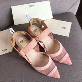 Fendi Fashion Jacquard Ribbon Sheepskin High Heel Sandals For Women Pink