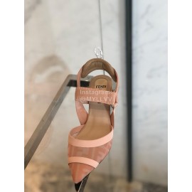 Fendi Fashion Jacquard Ribbon Sheepskin High Heel Sandals For Women Pink