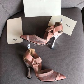 Fendi Fashion Pink Jacquard Ribbon Sheepskin High Heel Sandals For Women
