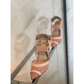 Fendi Fashion Pink Jacquard Ribbon Sheepskin High Heel Sandals For Women