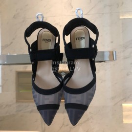 Fendi Fashion Jacquard Ribbon Sheepskin High Heel Sandals For Women Gray