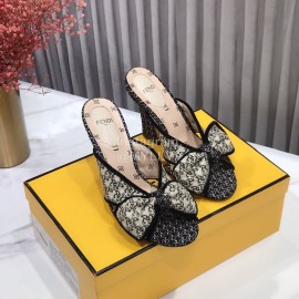 Fendi Exquisite Embroidered Jacquard Bow High Heeled Slippers For Women