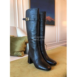 Fendi Black Crocodile Calf High Heeled Boots For Women 